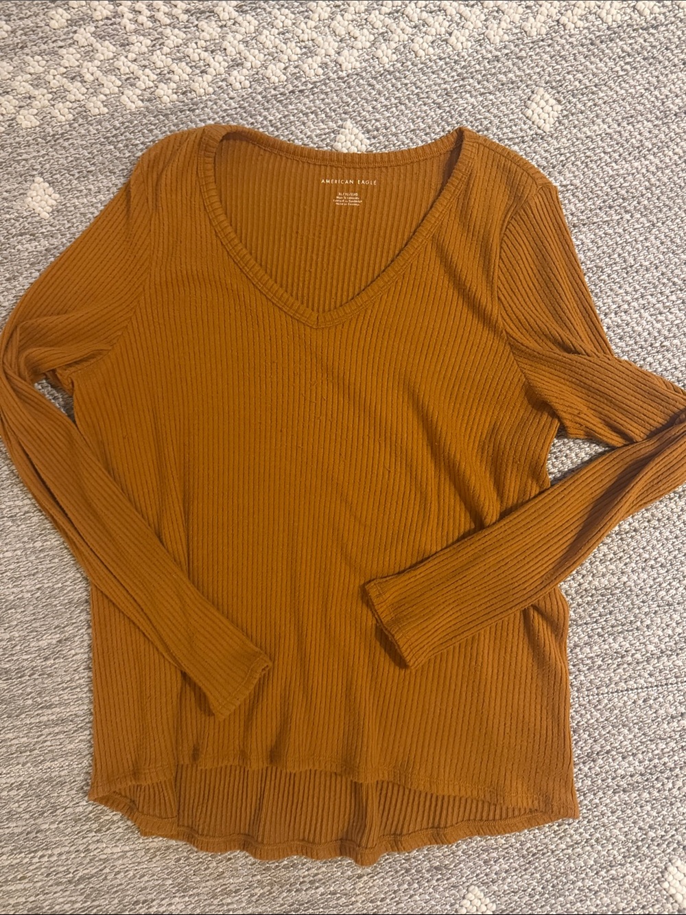 American Eagle Outfitters Ribbed V-Neck Long-Sleeve Top in Mustard Brown